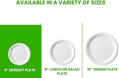 Round Compostable Plates, Disposable Sturdy, Sugarcane Biodegradable, Microwave Freezer Safe for Parties, Weddings, Events (6 Inch, 125, Count)