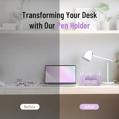 Mesh Desk Organizer with Drawer, 9-Compartment Pen Holder for Desk, Purple