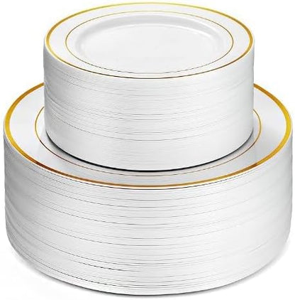 Neatiffy100 Pcs Gold Rim Plastic Dinnerware Set (50 Guest) | 50 x (Dinner Plate, Dessert Plate) | For Wedding, Luxurious Party, Special Event