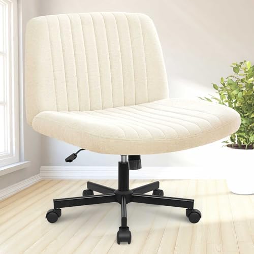 NEO CHAIR Criss Cross Chair with Wheels Home Office Cross Legged Armless Chairs Ergonomic Adjustable Computer Desk Task Wide Seat for Bedroom Vanity Comfy Swivel (Beige)