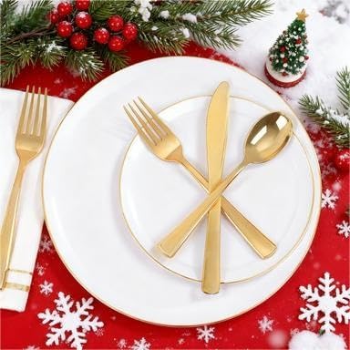 Festiva 176Pcs White and Gold Plastic Plates - White with Gold Rim Fall Dinnerware Set - 25Guest include Plates Cups Cutlery Napkins for Fall Party&Wedding& New Year&Thanksgiving