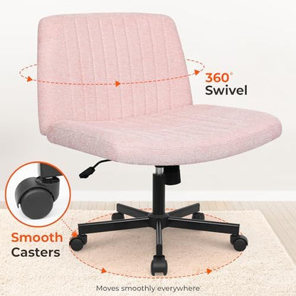NEO CHAIR Criss Cross Chair with Wheels Home Office Cross Legged Armless Chairs Ergonomic Adjustable Computer Desk Task Wide Seat for Bedroom Vanity Comfy Swivel (Pink)