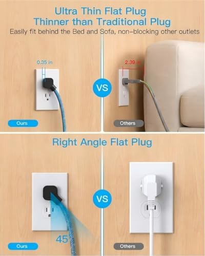 10 Ft Braided Extension Cord, Ultra-Thin Flat Plug, 4 Widely Spaced Outlets