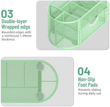 Mesh Desk Organizer with Drawer, 9-Compartment Pen Holder for Desk, Green