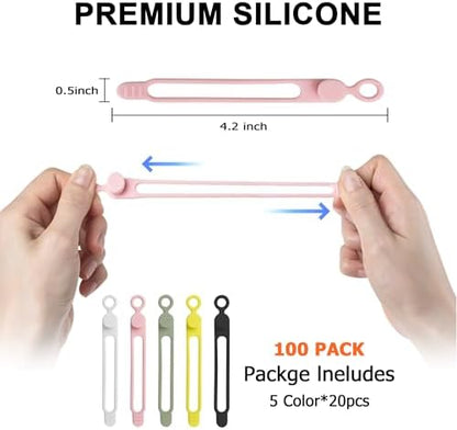 100Pcs Silicone Cable Ties, Cord Organizer Cable Management-Multi