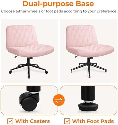NEO CHAIR Criss Cross Chair with Wheels Armless Cross Legged Office Desk Wide Comfy Vanity Makeup Chair Adjustable Swivel Rolling Computer for Home Office Fabric (Pink)