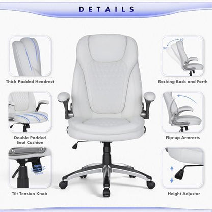COLAMY Executive Office Chair-Ergonomic Computer Desk Chair, High Back Leather Chair with Padded Flip-up Arms, Swivel Home Office Chair Upgraded Caster, White