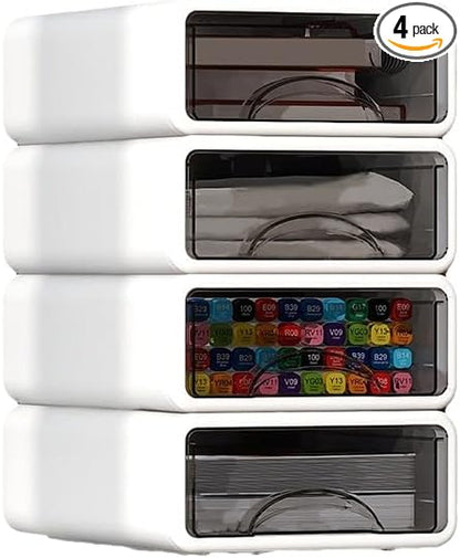 Desk Organizer with Drawers, Stackable Storage Drawers with Compartments Desktop Organization for Office Supplies, Makeup, Pencils, Tape, Erasers, Paperclips, Chargers (4 Pack White)