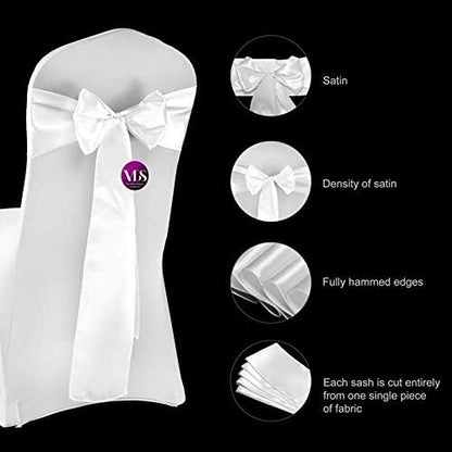 VDS Satin Chair Sashes Chair Cover Back Tie Sateen Bows Ribbon for Wedding Birthday Graduation Engagement Ceremony Event Party Banquet Venue Hotel All Dining Chair Decoration (200PC) (White)