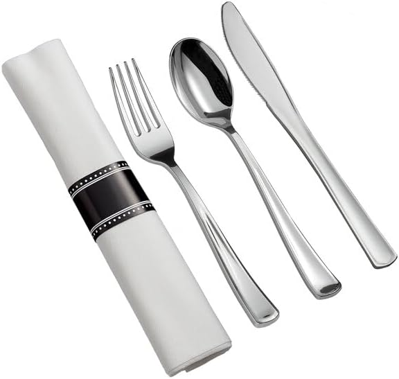 Silver White Plastic Dinnerware Set, 120 Settings with Plates, Flatware and Napkins, 6-10 Inch, Square, Disposable Party Wedding Tableware
