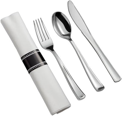 Silver White Plastic Dinnerware Set, 120 Settings with Plates, Flatware and Napkins, 6-10 Inch, Square, Disposable Party Wedding Tableware