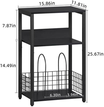 LELELINKY Black End Table, Small Side Table with Metal Frame,Modern Record Player Stand with Storage Shelf, Wood 3 Tier Sofa Bedside Tables, Narrow Nightstand for Living Room Bedroom Office