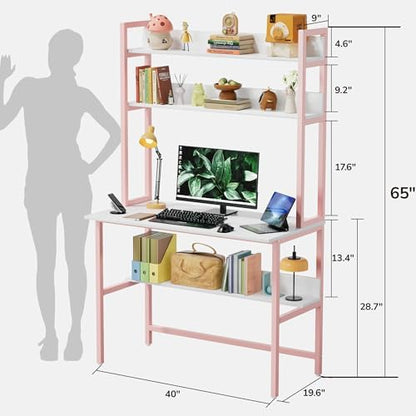 Aquzee 40 Inch Pink Desk with Shelves, Computer Desk with Hutch