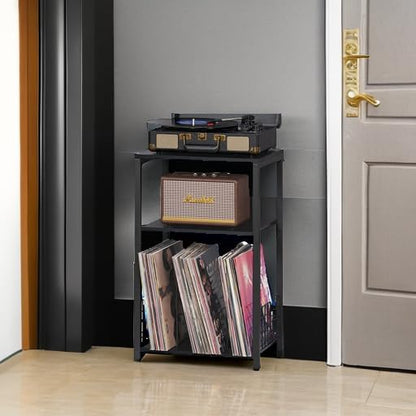 LELELINKY Black End Table, Small Side Table with Metal Frame,Modern Record Player Stand with Storage Shelf, Wood 3 Tier Sofa Bedside Tables, Narrow Nightstand for Living Room Bedroom Office
