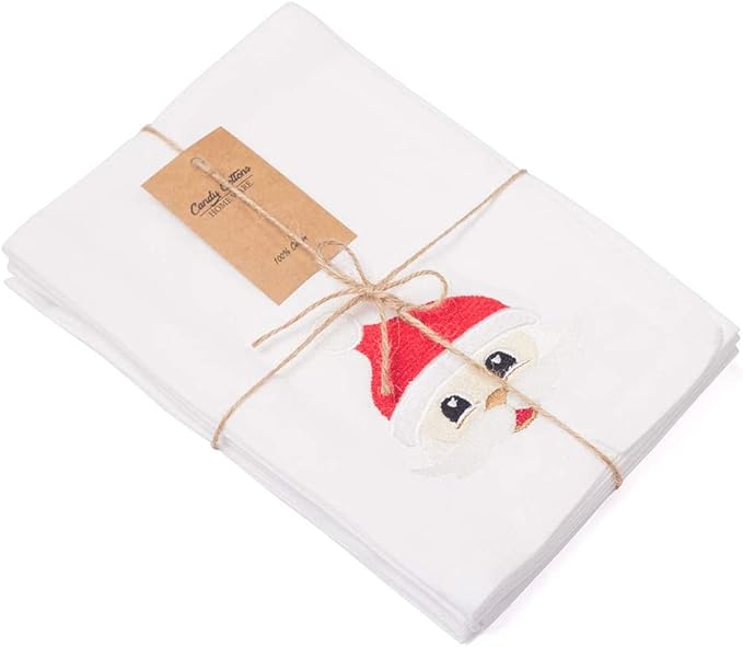 Christmas Cloth Napkins Dining Table Dinner Napkins|Washable Cotton Napkins Easter Basket Decor|Happy Santa Face Embroidered 18x18 in White Pk of 6 Cocktail Party Napkins