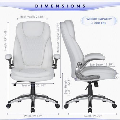 COLAMY Executive Office Chair-Ergonomic Computer Desk Chair, High Back Leather Chair with Padded Flip-up Arms, Swivel Home Office Chair Upgraded Caster, White
