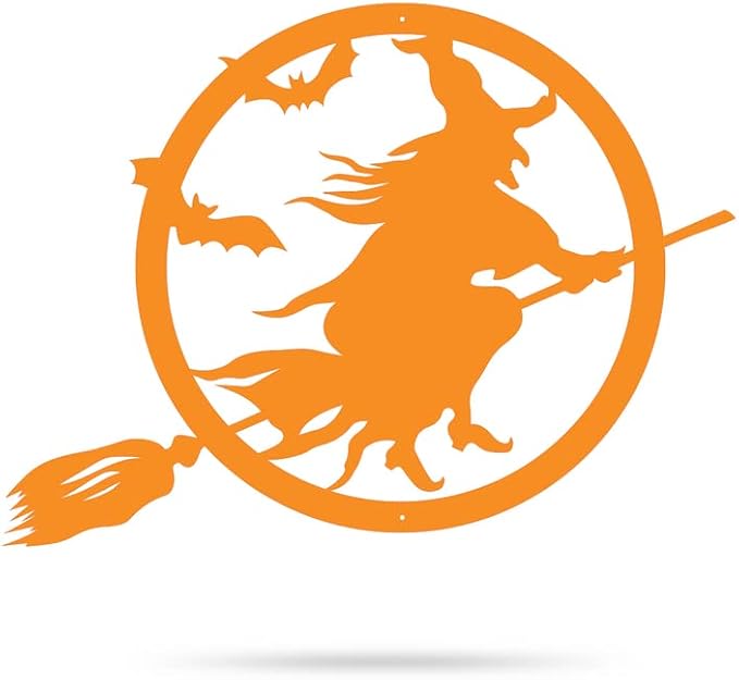 RealSteel Witch Halloween Decoration - Metal Broom Riding Décor - Scary Indoor Outdoor Wall Sign for Haunted Houses - Wicked Witch Flying Porch Art - Flying Bats Front Door Art (24, Orange)