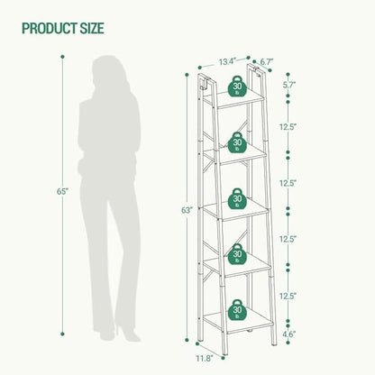 Ladder Shelf, Bookshelf Bookcase, Freestanding Corner Storage Shelve with 2 Hooks for Home Office, Living Room, Kitchen, Bedroom, Industrial, 11.8" D x 13.4" W x 63" H, Greige BC03205B