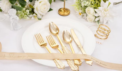 Supernal 360pcs Gold Plastic Silverware,Disposable Silvereware Heavy Duty, Gold Plastic Cutlery, 120 Plastic Forks and Spoons,Knives Perfect for Birthday, Wedding Halloween Thanksgiving Chirstmas