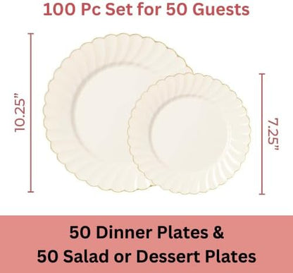 By Madee HEAVYWEIGHT 100 Pc Fancy Plastic Plates for Thanksgiving Dinner – Ivory Scalloped Plates with Rose Gold Trim 50 Dinner & 50 Dessert Disposable for Fall Party & Friendsgiving (50 Guests)