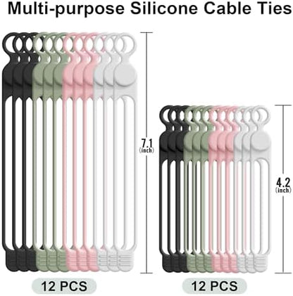 24Pcs Silicone Cable Ties, Cord Organizer Cable Management-2Sizes