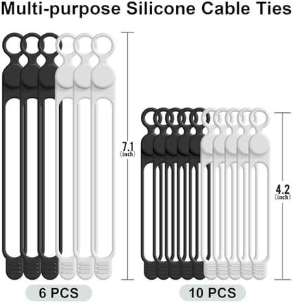 16Pcs Silicone Cable Ties, Cord Organizer Cable Management-2Sizes