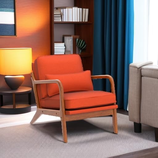 Karl home Accent Chair Mid-Century Modern Chair with Pillow Linen Fabric Upholstered Lounge Arm Chair with Solid Wood Frame & Soft Cushion for Living Room, Bedroom, Balcony, Burnt Orange