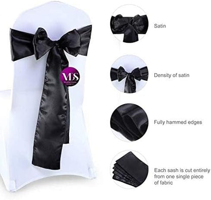 VDS Satin Chair Sashes Chair Cover Back Tie Sateen Bows Ribbon for Wedding Birthday Graduation Engagement Ceremony Event Party Banquet Venue Hotel All Dining Chair Decoration (25PC) (Black)