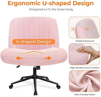 NEO CHAIR Criss Cross Chair with Wheels Armless Cross Legged Office Desk Wide Comfy Vanity Makeup Chair Adjustable Swivel Rolling Computer for Home Office Fabric (Pink)
