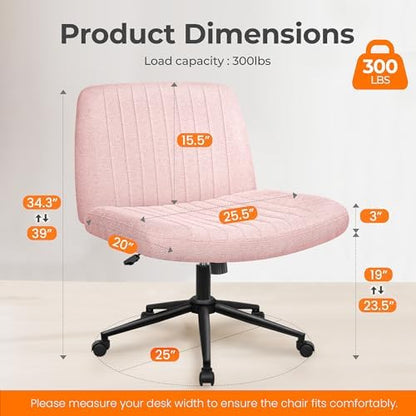 NEO CHAIR Criss Cross Chair with Wheels Armless Cross Legged Office Desk Wide Comfy Vanity Makeup Chair Adjustable Swivel Rolling Computer for Home Office Fabric (Pink)