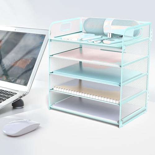 Letter Tray Paper Organizer 5-Tier Desk Organizer File Organizer Paper Holder with Handle, Metal Desktop Document Shelf Tray Office Classroom Organization - Blue