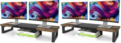 WESTREE Dual Monitor Stand Riser, Wood and Steel Multi-Purpose Desktop Storage Stand for 2 Monitors for Computer, Laptop, Printer, TV, Rustic Brown (Pack of 2)