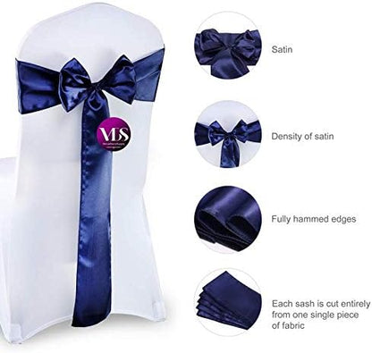 VDS Satin Chair Sashes Chair Cover Back Tie Sateen Bows Ribbon for Wedding Birthday Graduation Engagement Ceremony Event Party Banquet Venue Hotel All Dining Chair Decoration (125PC) (Navy Blue)