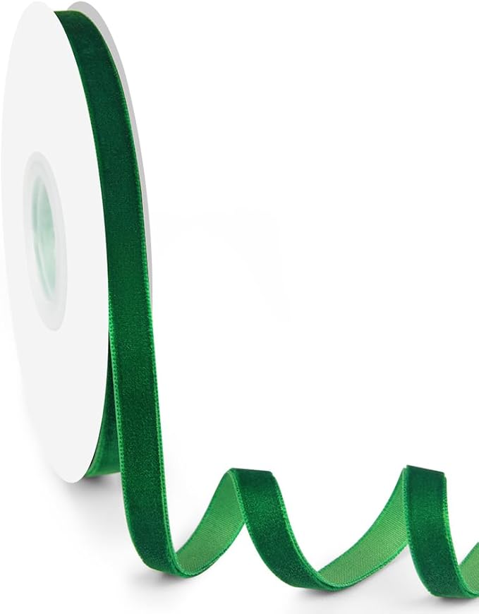 3/8" Wide Velvet Ribbon, 10 Yards - Thin Forest Green Velvet Ribbon on Spool for Crafts, Gift Wrapping, DIY, Hair Bows, Wedding Invitations, Parties, Valentine's Day, and Christmas
