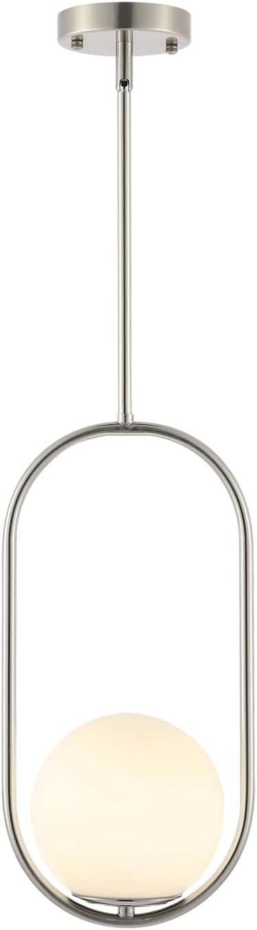Modern Globe Pendant Light Brushed Nickel Chandelier 1-Light Mid Century Ceiling Hanging Lighting Fixture White Globe Glass Shades for Kitchen Island Dining Room Bedroom
