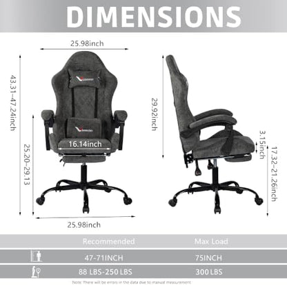 Fabric Gaming Chair for Adults, Ergonomic Computer Office Desk Chair with Footrest,Pocket Spring Cushion, Reclining High Back Silla Gamer for Home Office, Grey