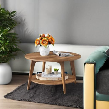 VASAGLE MAEZO Collection - Round Coffee Table, 2-Tier Center Table with Storage, Tapered Legs, Curved Transitions, 31.5 Dia. x 17.7 H Inches, Easy Assembly, for Living Room, Honey Brown ULCT243K41