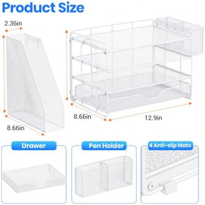 OPNICE Desk Organizers and Accessories, 4-Tier Desktop File Organizer with Drawer and Pen Holders, Office Desk Accessories Workspace Organizers for Office Supplies (Soft White)