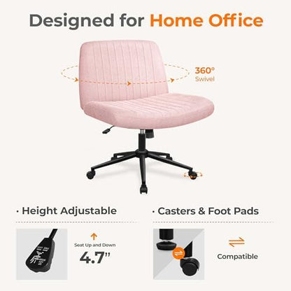 NEO CHAIR Criss Cross Chair with Wheels Armless Cross Legged Office Desk Wide Comfy Vanity Makeup Chair Adjustable Swivel Rolling Computer for Home Office Fabric (Pink)
