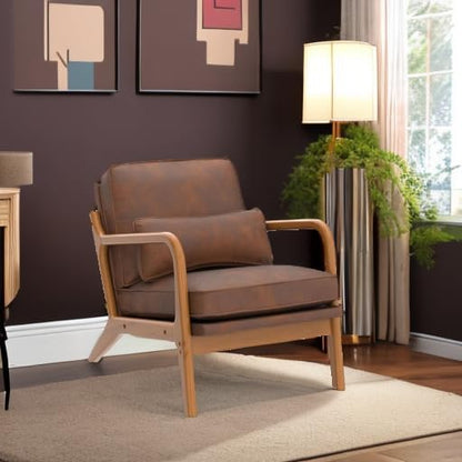 Karl home Accent Chair Mid-Century Modern Chair with Pillow Bronzing Cloth Upholstered Lounge Arm Chair with Solid Wood Frame & Soft Cushion for Living Room, Bedroom, Balcony, Brown