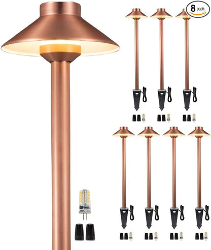 Gardenreet Brass Low Voltage Copper Garden Lights, Outdoor Pathway Light, 12V LED AC/DC Bronze Hat Top Path Lamp for Sideway House Walkway with 3W 270LM 4000K G4 Bulb 8 Pack