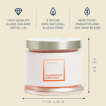 PartyLite 3-Wick Jar Candle, Highly Fragranced Clean Burning Glass Candle, 25-45 Hours Burn Time (Clementine Garland)