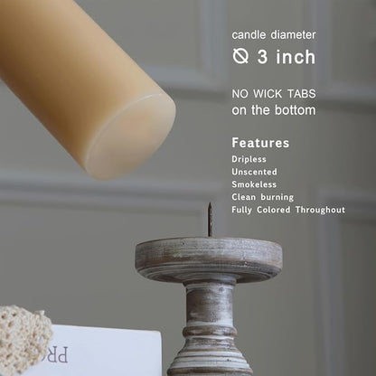 MOZEAL 3" x 4" Hand-Poured Unscented Beige Candle, Dripless Off White/Cream Pillar Candle Set of 3, Long Clean Burning, Approx 72 Hours Burn Time, Rustic Country Style, Home Decor