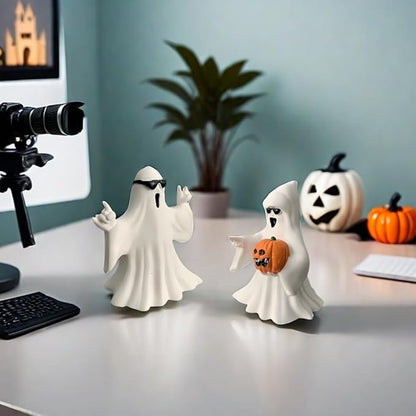 Halloween Ghost Figurine - Spooky Resin Ghost Statue, Cute Finger Ghost Ornaments, Perfect for Indoor & Porch Halloween Decor (Ghost with Pumpkin)