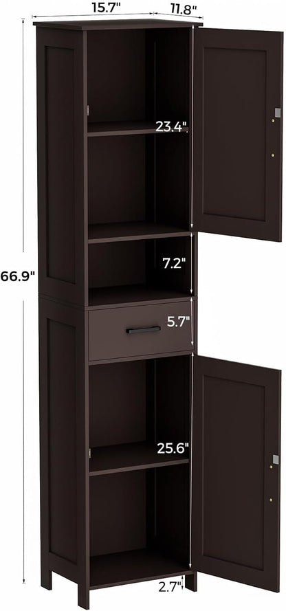Homhedy 67" H Tall Bathroom Storage Cabinet with 2 Barn Doors and 1 Drawer, Narrow Storage Unit, Adjustable Shelves, Floor Cabinet for Bathroom, Living Room, Entryway, Kitchen, Brown, (15.7" W)