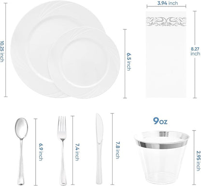 350-Piece White Swirls Plastic Dinnerware Set for 50 Guests, Elegant Disposable Dinnerware for Party, Wedding. Includes 10.25" Dinner Plates, 6.5" Dessert Plates, Silverware, Napkins, Cups