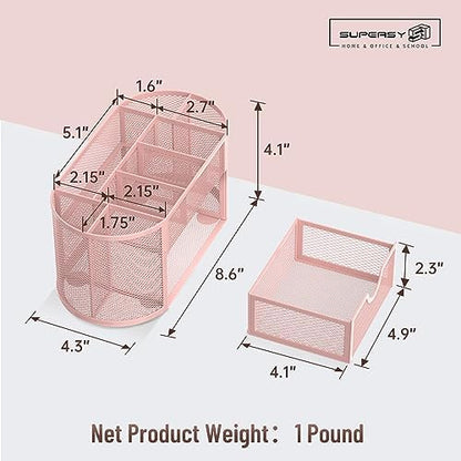 Mesh Desk Organizer with Drawer, 9-Compartment Pen Holder for Desk, Pink