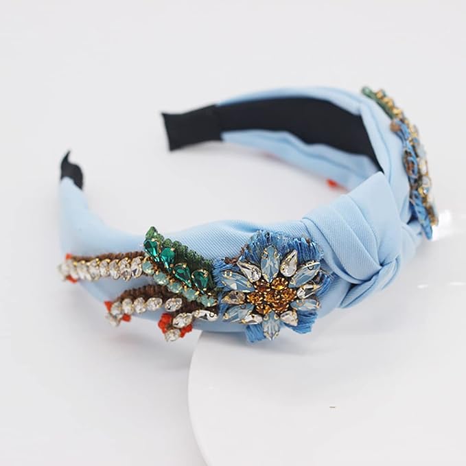 Yusier Baroque Rhinestone Crystal Headbands for Women Embroidered Hair Band Exquisite Hairband - Available in 5 Colors (Blue)