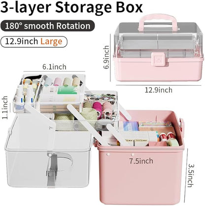 12.9in Three-Layer Multipurpose Storage Box with Handle Portable Tackle Box Folding Art & Craft Case Sewing Supplies Organizer for Makeup, Medicine, Nail, Hair Accessories(Blue)
