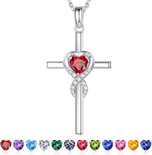 Iefil Cross Necklace for Women - 925 Sterling Silver Birthstone Necklace Jewelry Gifts for Women Wife